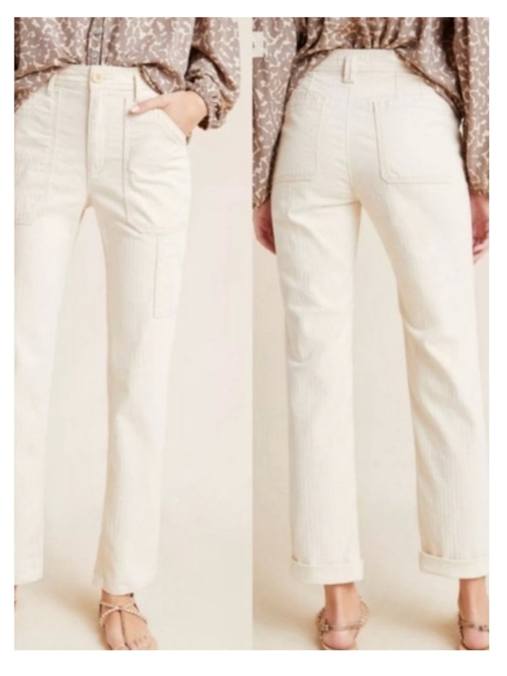 Anthropologie Ivory Straight Leg Carpenter Cropped Pants Size 29